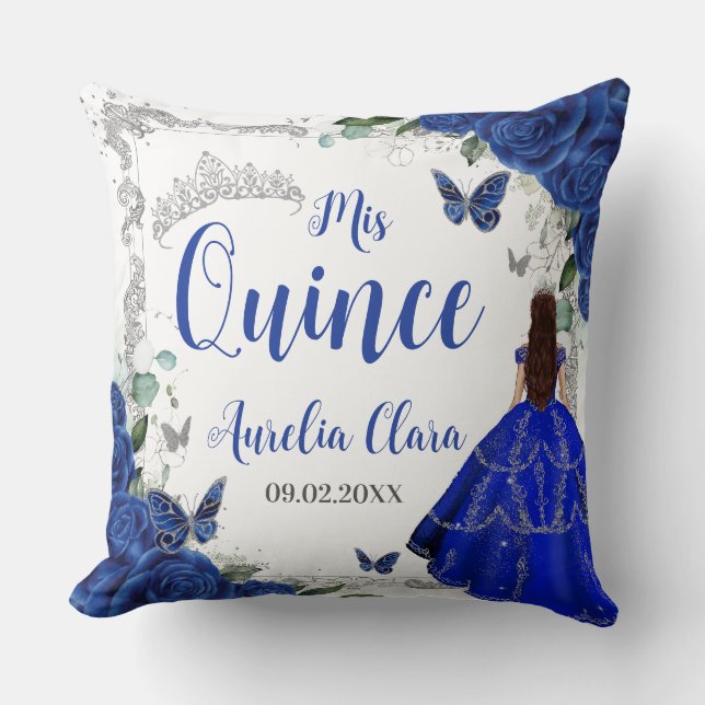 Royal Blue Floral Princess Silver XV Quinceañera Cushion (Front)
