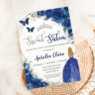 Royal Blue Floral Princess Sweet 16 Birthday Invitation