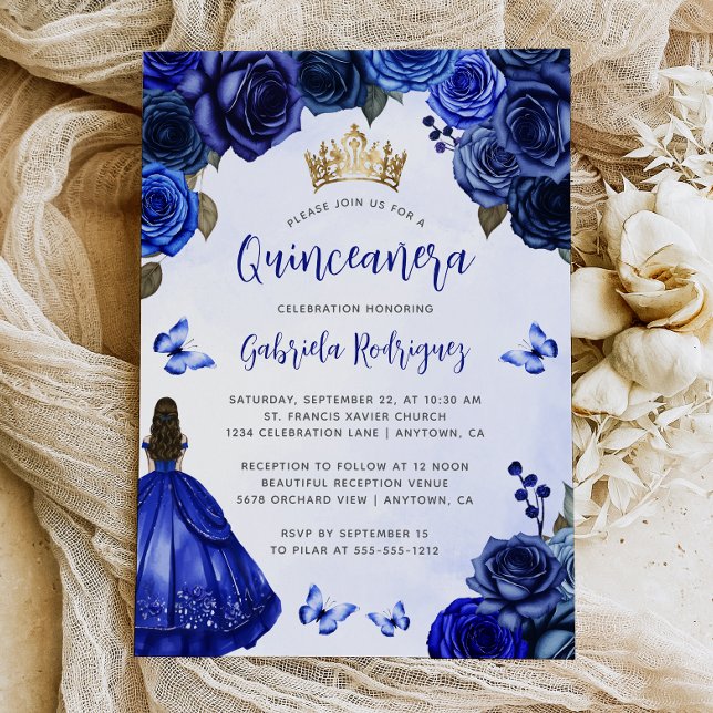 Royal Blue Floral Princess Watercolor Quinceañera Invitation (Creator Uploaded)