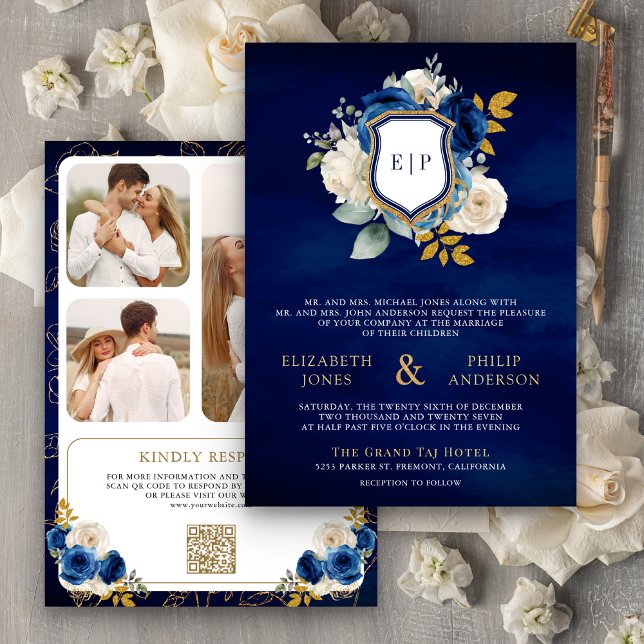 Royal Blue Floral QR Code Photo Crest Wedding Invitation (Creator Uploaded)