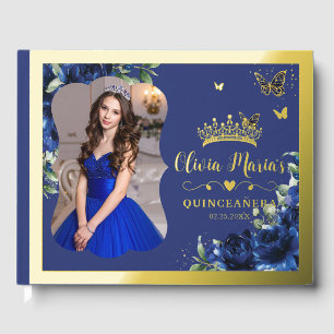Royal Blue Floral Quinceanera 15 Sweet 16 Photo Guest Book