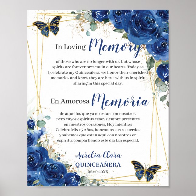 Royal Blue Floral Quinceanera 16 In Loving Memory Poster (Front)