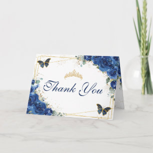 Royal Blue Floral Quinceañera Birthday Butterflies Thank You Card