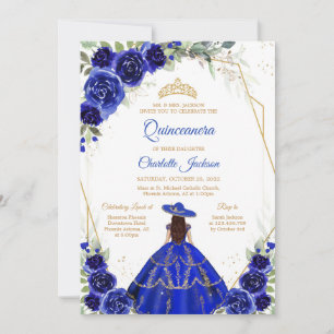 Royal Blue Floral Quinceanera Birthday Invitation