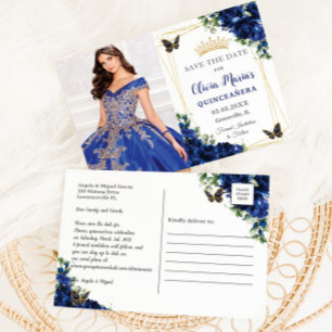 Royal Blue Floral Quinceañera Butterflies Picture  Announcement Postcard