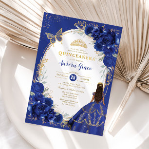 Royal Blue Floral Quinceañera Butterfly Mis Quince Invitation