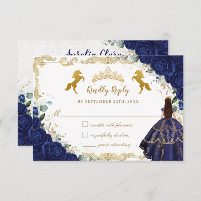 Royal Blue Floral Quinceañera Charro Gold Horses  RSVP Card (Front/Back)