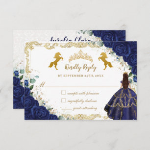 Royal Blue Floral Quinceañera Charro Gold Horses  RSVP Card