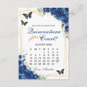 Royal Blue Floral Quinceanera Court Proposal Card