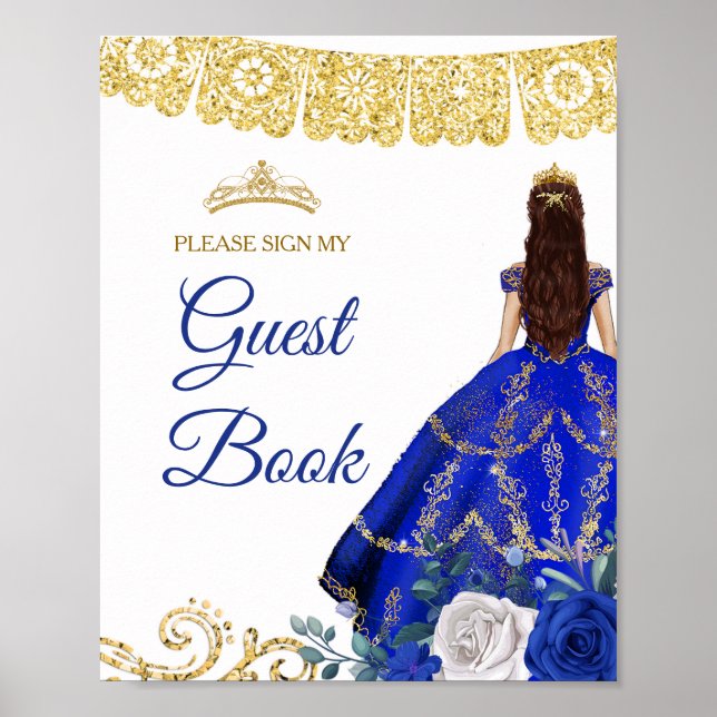 Royal Blue Floral Quinceañera Guest Book Sign (Front)