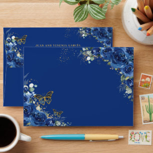 Royal Blue Floral Quinceañera Sweet 16 Butterfly Envelope
