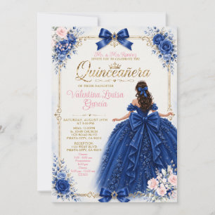 Royal Blue Floral Quinceañera with Princess Dress Invitation