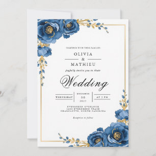 Royal Blue Floral Romance Wedding Invitation