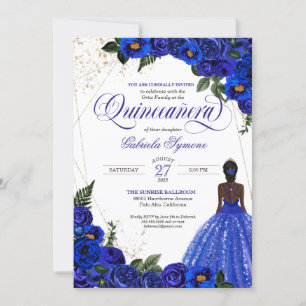 Royal Blue Floral Rose & Gold Elegant Quinceañera  Invitation