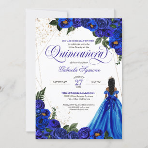 Royal Blue Floral Rose & Gold Elegant Quinceañera Invitation