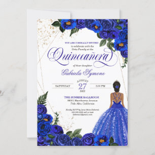 Royal Blue Floral Rose & Gold Elegant Quinceañera  Invitation