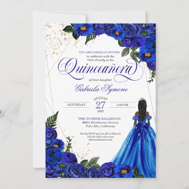 Royal Blue Floral Rose & Gold Elegant Quinceañera  Invitation (Front)