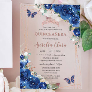 Royal Blue Floral Rose Gold Quinceañera Birthday Acrylic Invitations