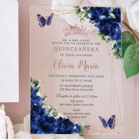 Royal Blue Floral Rose Gold Quinceañera Butterfly