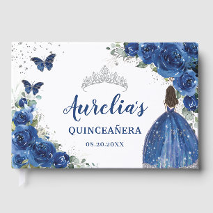 Royal Blue Floral Rose Princess Silver Quinceañera Guest Book