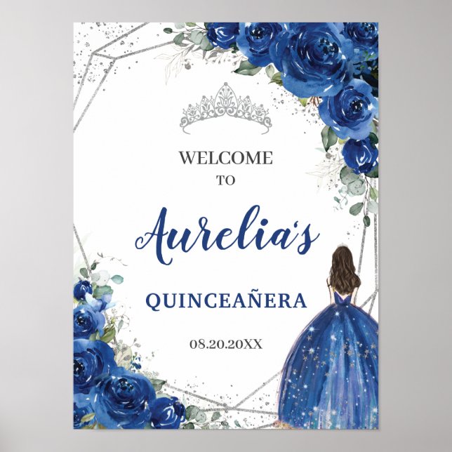  Royal Blue Floral Rose Silver Quinceañera Welcome Poster (Front)