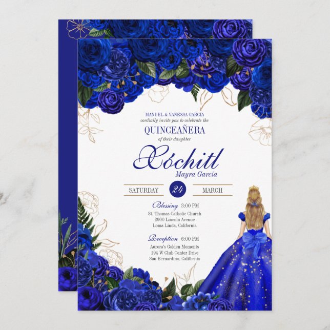 Royal Blue Floral Roses Elegant Quinceañera Party Invitation (Front/Back)