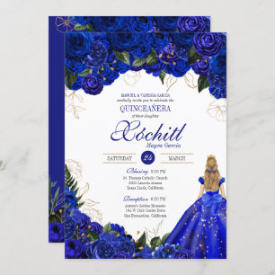 Royal Blue Floral Roses Elegant Quinceañera Party Invitation