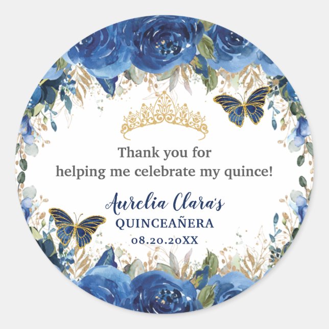 Royal Blue Floral Roses Gold Butterflies Crown Classic Round Sticker (Front)