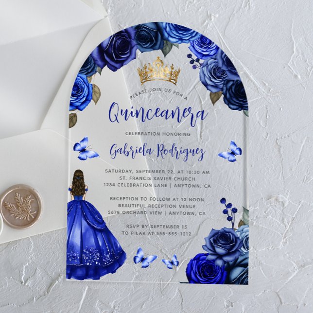 Royal Blue Floral Roses Watercolor Quinceañera Acrylic Invitations (Creator Uploaded)