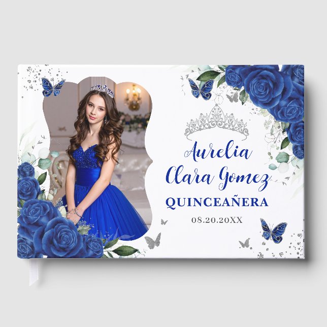 Royal Blue Floral Silver QUINCEAÑERA 15 Photograph Guest Book (Front)