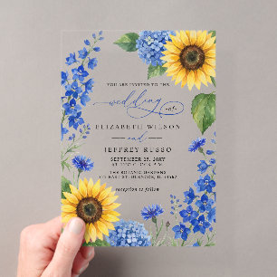 Royal Blue Floral Sunflowers Modern Wedding Acrylic Invitations