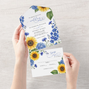 Royal Blue Floral Sunflowers Modern Wedding All In One Invitation