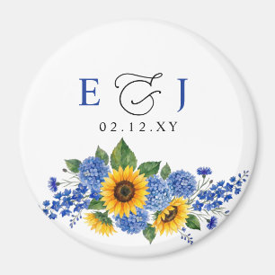Royal Blue Floral Sunflowers Modern Wedding Magnet