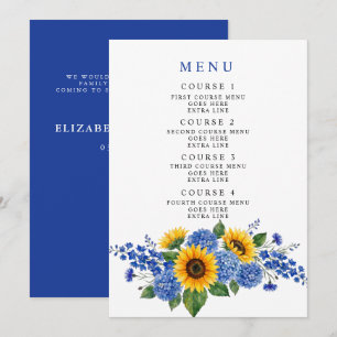 Royal Blue Floral Sunflowers Modern Wedding Menu
