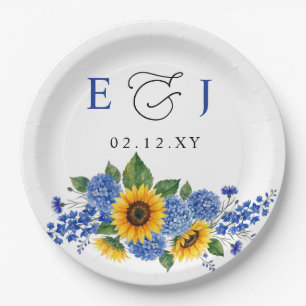 Royal Blue Floral Sunflowers Modern Wedding Paper Plate