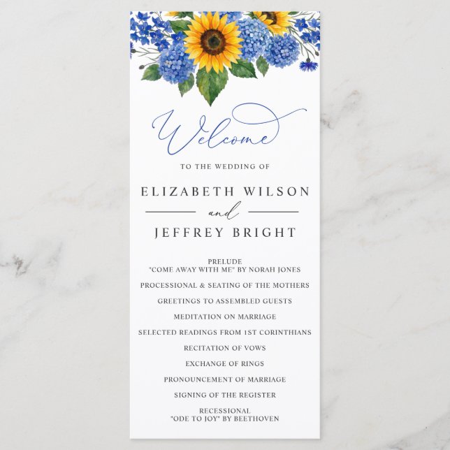 Royal Blue Floral Sunflowers Modern Wedding Program (Front)