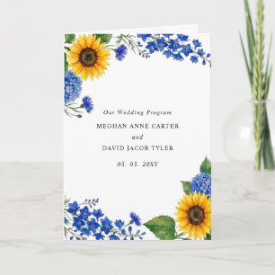Royal Blue Floral Sunflowers Modern Wedding Program