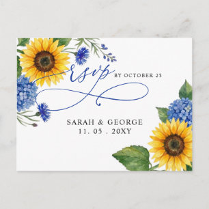 Royal Blue Floral Sunflowers Modern Wedding Rsvp Postcard