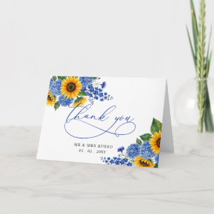Royal Blue Floral Sunflowers Modern Wedding  Thank You Card