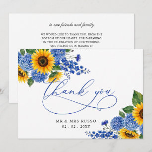 Royal Blue Floral Sunflowers Modern Wedding  Thank You Card