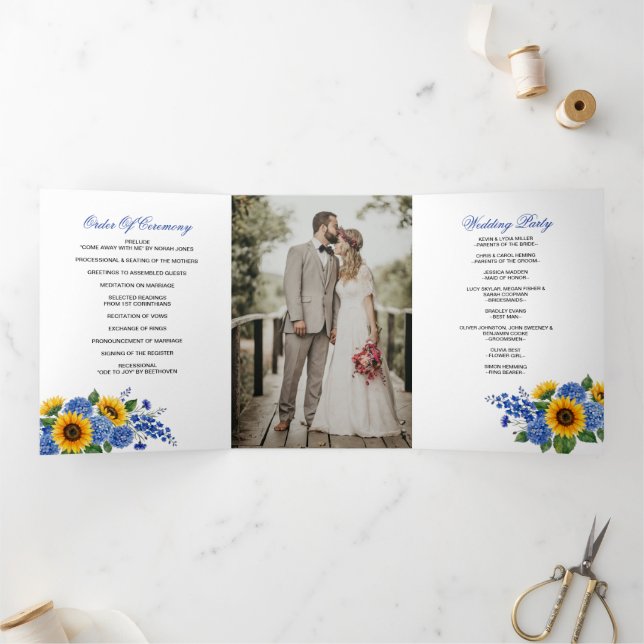 Royal Blue Floral Sunflowers Modern Wedding Tri-Fold Programme (Inside)