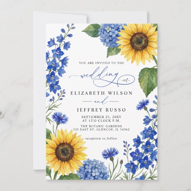 Royal Blue Floral Sunflowers QR Code Wedding Invitation (Front)