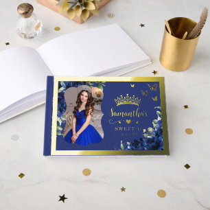 Royal Blue Floral Sweet 16 Sixteen Birthday Photo Guest Book