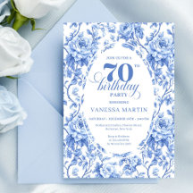 Royal Blue Floral Toile 70th Birthday Invitation