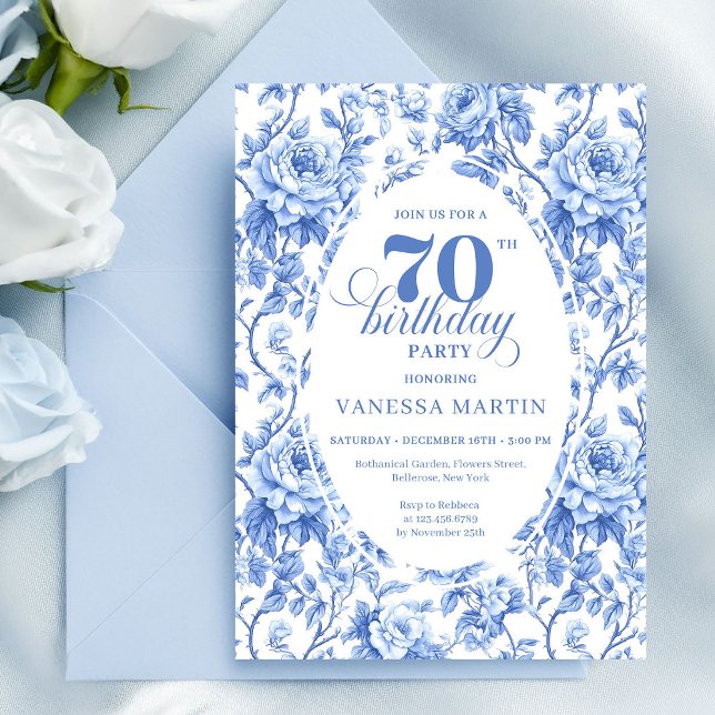 Royal Blue Floral Toile 70th Birthday Invitation (Royal Blue Floral 70th Birthday Invitation)