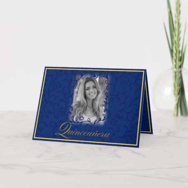 Royal blue floral vines with photo quinceanera card (Front)