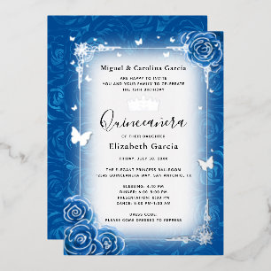 Royal Blue Floral Watercolor Quinceañera Silver