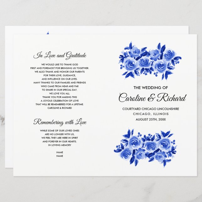 Royal Blue Floral Watercolor Wedding Program (Front/Back)