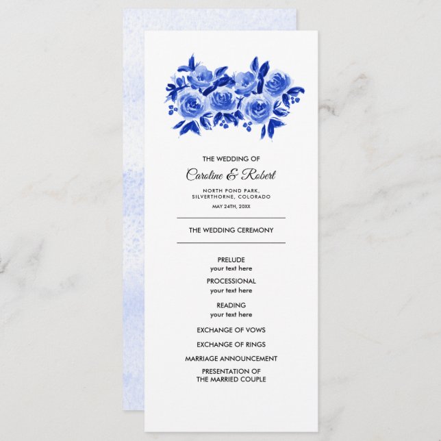 Royal Blue Floral Watercolor Wedding Program (Front/Back)