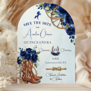 Royal Blue Floral Wild West Charro Quinceañera 15 Save The Date